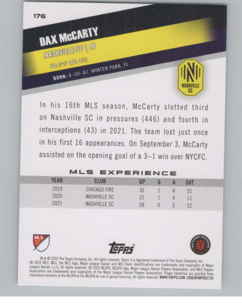 2022 Topps MLS Soccer #176 Dax McCarty  Nashville SC  V97904 Image 2