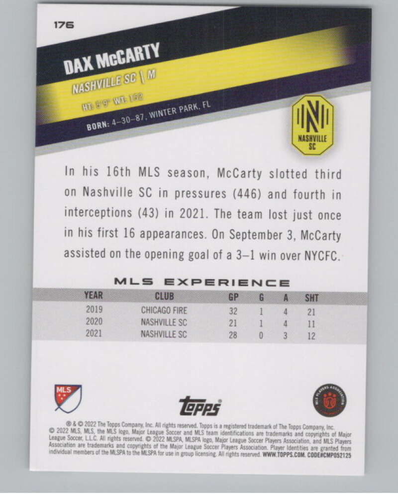 2022 Topps MLS Soccer #176 Dax McCarty  Nashville SC  V97905 Image 2