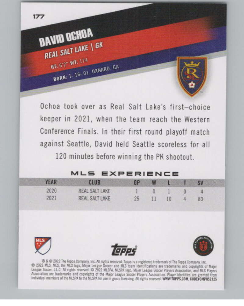 2022 Topps MLS Soccer #177 David Ochoa  Real Salt Lake  V97906 Image 2