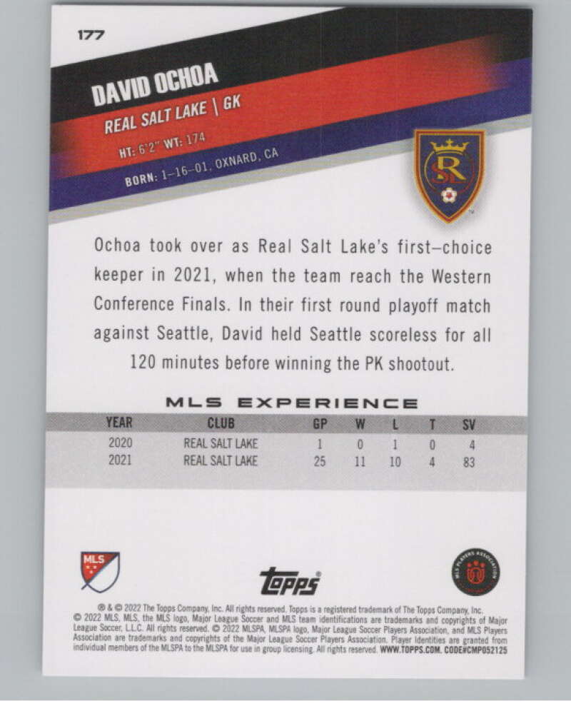 2022 Topps MLS Soccer #177 David Ochoa  Real Salt Lake  V97908 Image 2