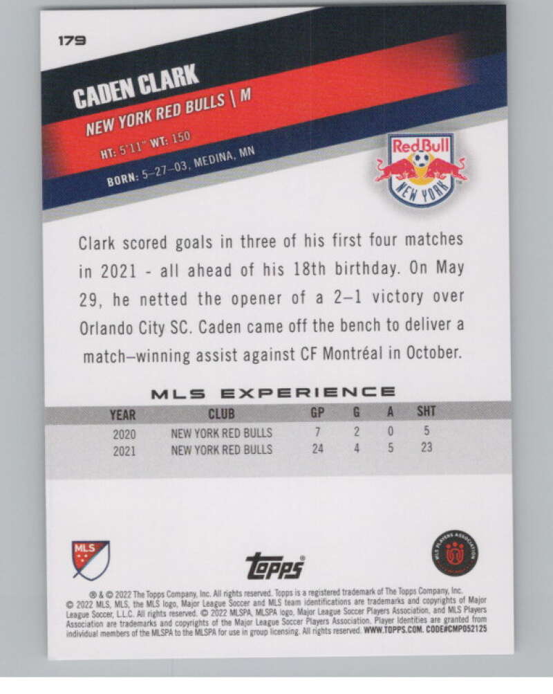 2022 Topps MLS Soccer #179 Caden Clark  New York Red Bulls  V97912 Image 2