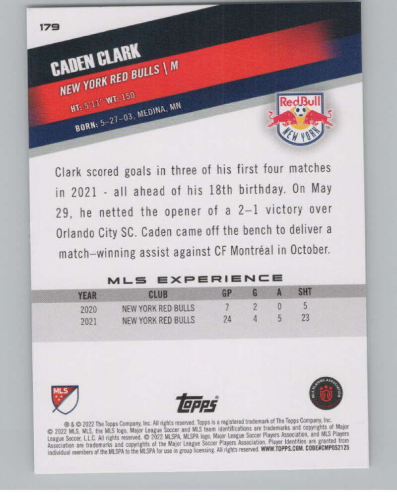 2022 Topps MLS Soccer #179 Caden Clark  New York Red Bulls  V97913 Image 2