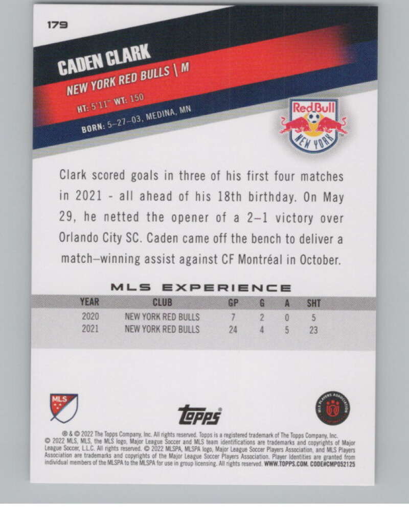 2022 Topps MLS Soccer #179 Caden Clark  New York Red Bulls  V97914 Image 2