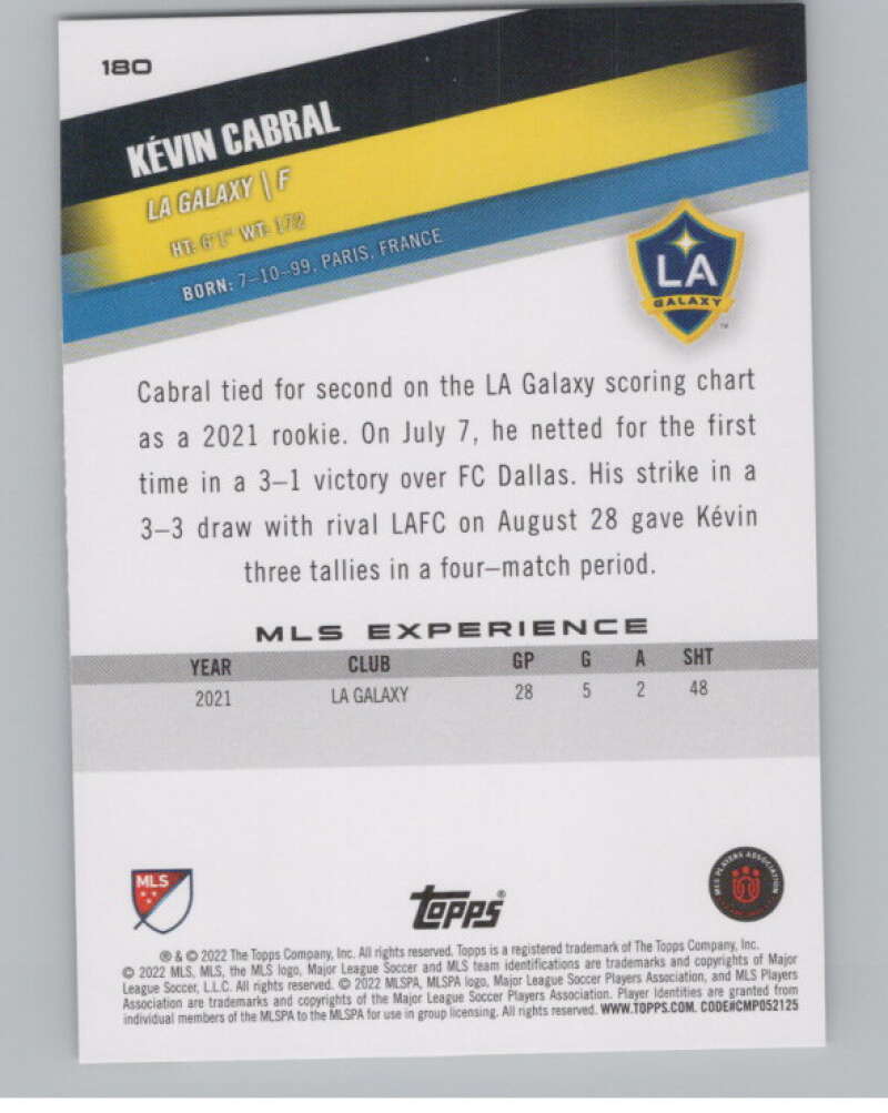 2022 Topps MLS Soccer #180 Kevin Cabral  RC Rookie Los Angeles  V97916 Image 2