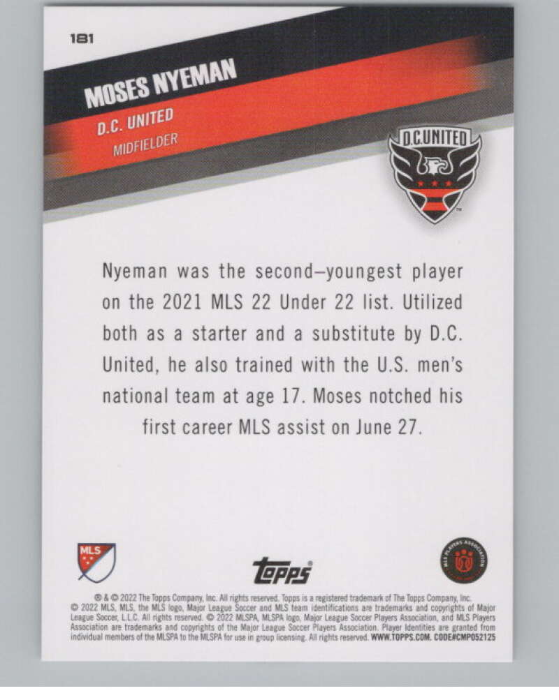 2022 Topps MLS Soccer #181 Moses Nyeman  D.C. United  V97917 Image 2