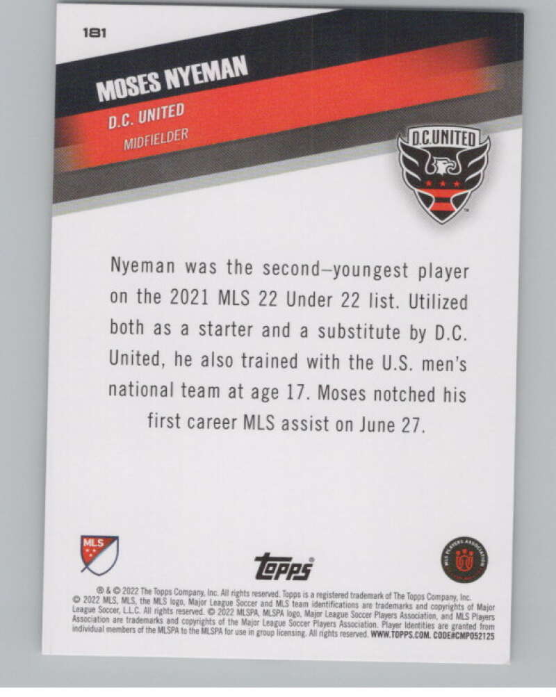 2022 Topps MLS Soccer #181 Moses Nyeman  D.C. United  V97919 Image 2