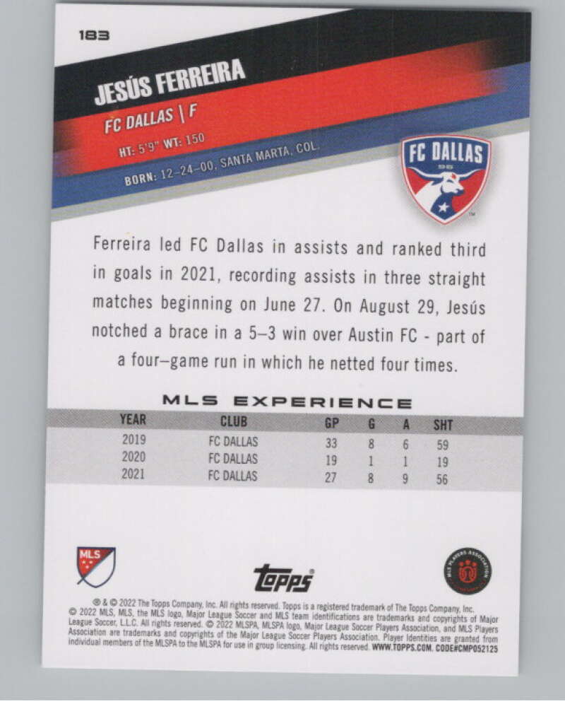 2022 Topps MLS Soccer #183 Jesus Ferreira  FC Dallas  V97921 Image 2