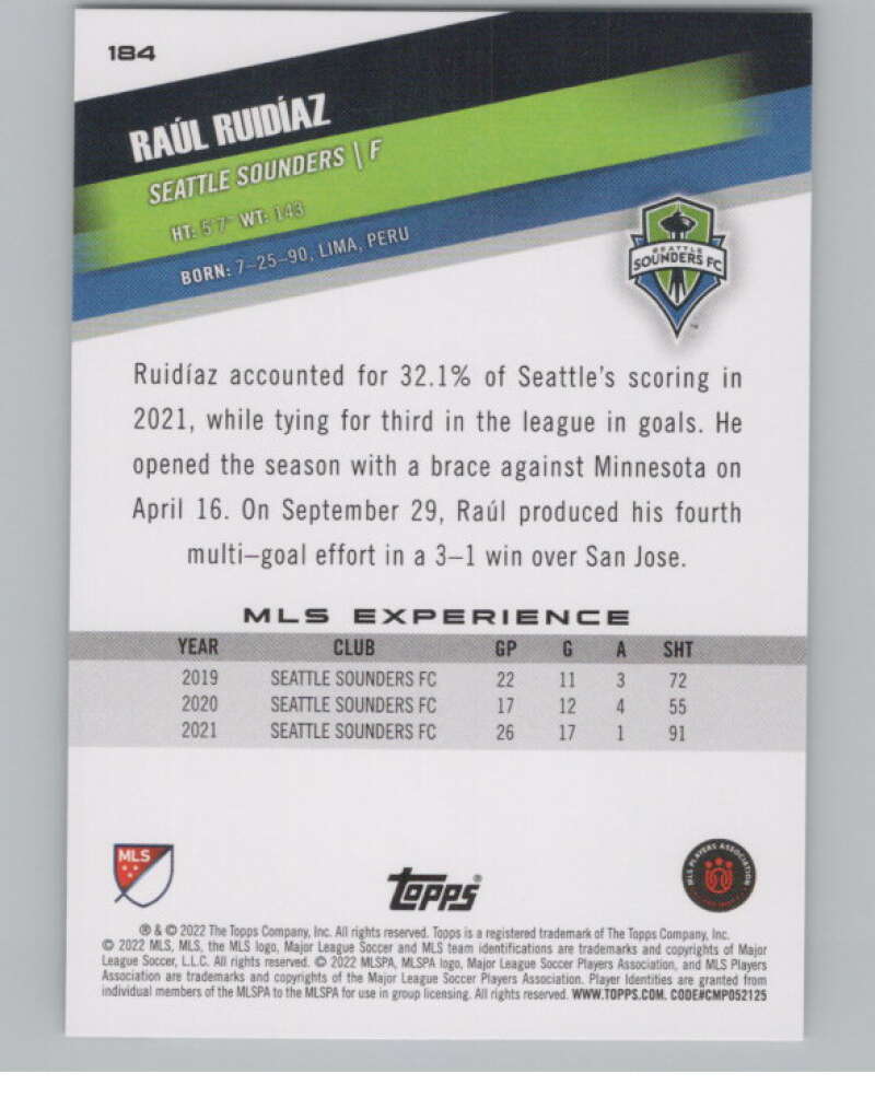 2022 Topps MLS Soccer #184 Raul Ruidiaz  Seattle Sounders  V97924 Image 2