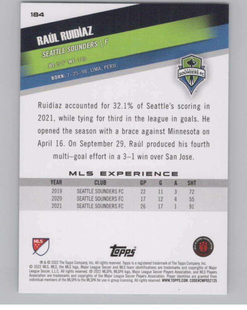 2022 Topps MLS Soccer #184 Raul Ruidiaz  Seattle Sounders  V97925 Image 2