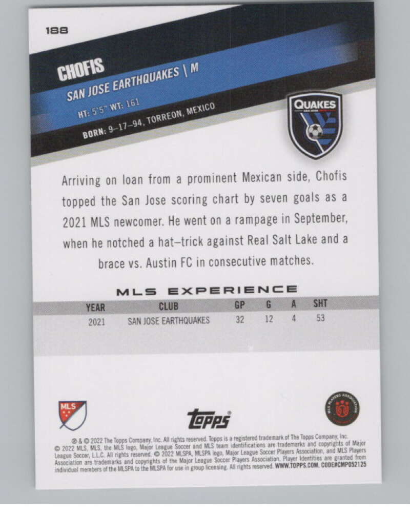 2022 Topps MLS Soccer #188 Chofis  San Jose Earthquakes  V97933 Image 2