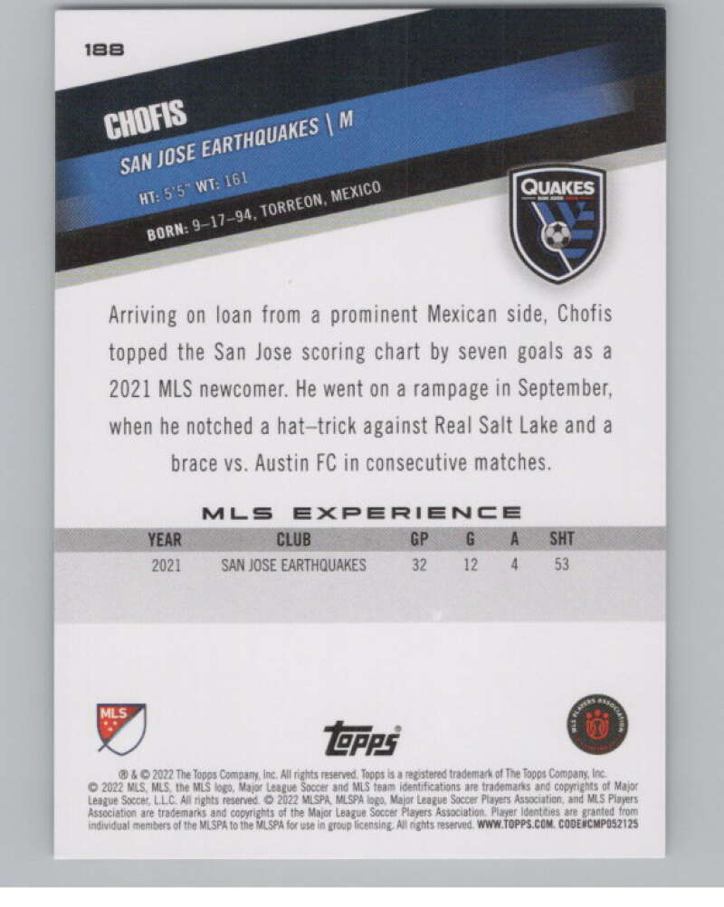 2022 Topps MLS Soccer #188 Chofis  San Jose Earthquakes  V97934 Image 2