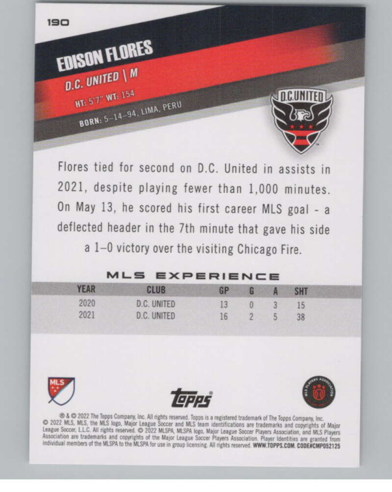 2022 Topps MLS Soccer #190 Edison Flores  D.C. United  V97939 Image 2