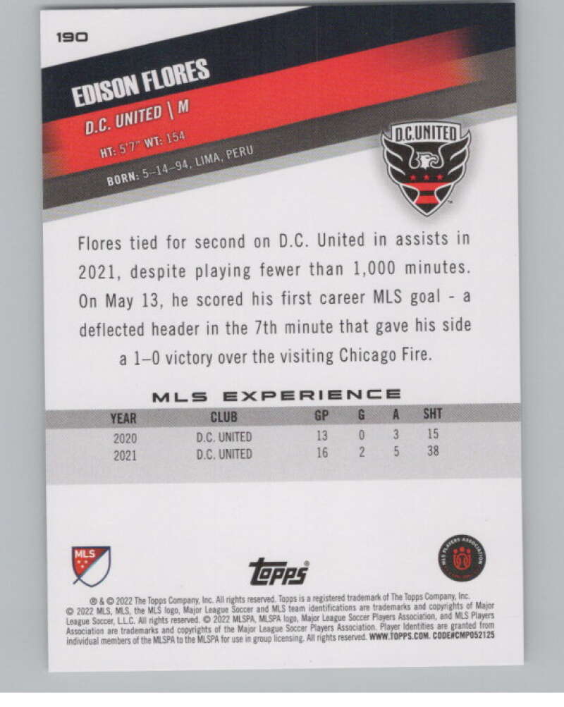 2022 Topps MLS Soccer #190 Edison Flores  D.C. United  V97940 Image 2