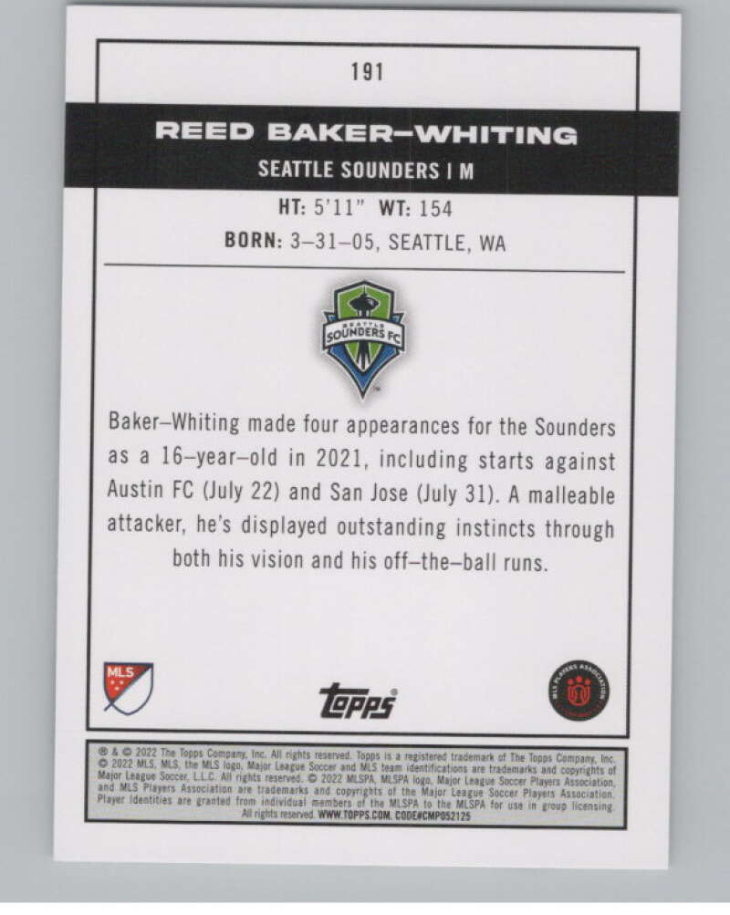 2022 Topps MLS Soccer #191 Reed Baker-Whiting  RC Rookie Seattle  V97941 Image 2