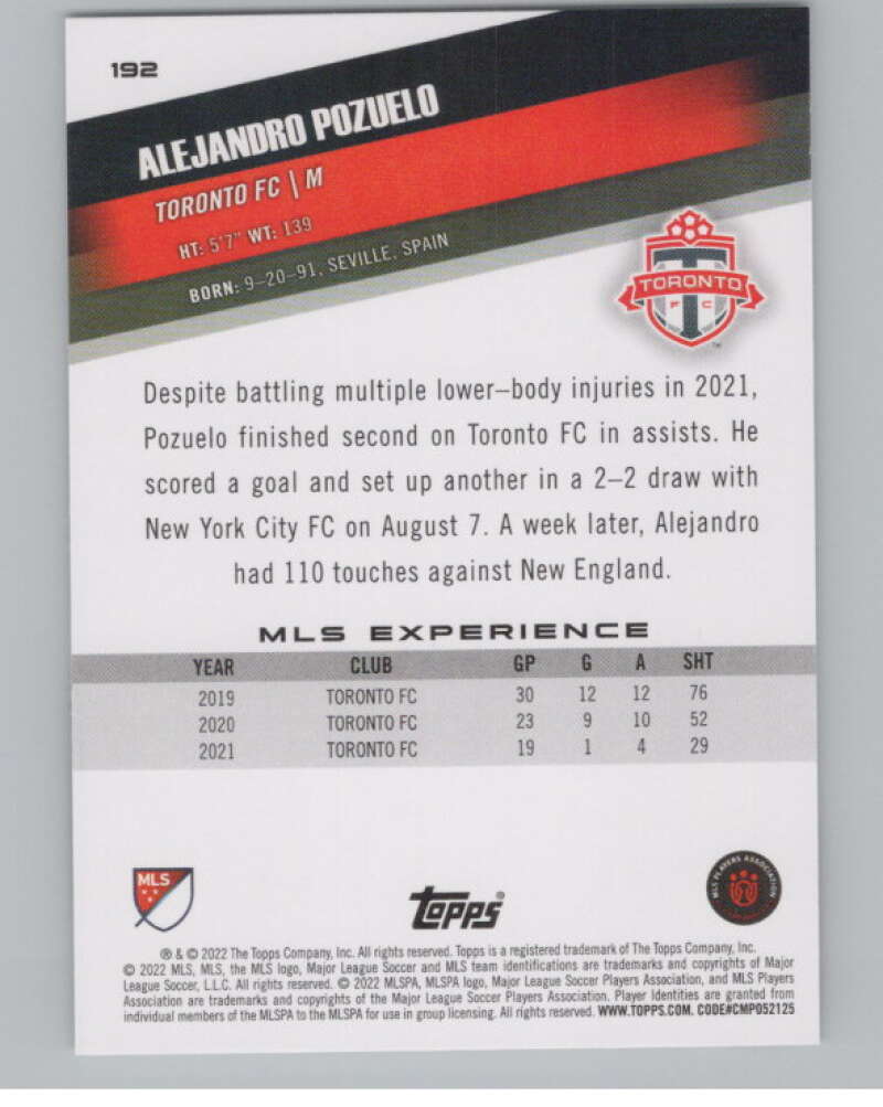 2022 Topps MLS Soccer #192 Alejandro Pozuelo  Toronto FC  V97943 Image 2