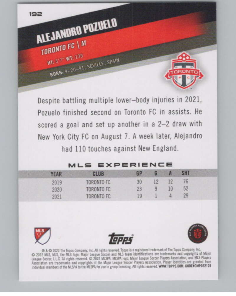 2022 Topps MLS Soccer #192 Alejandro Pozuelo  Toronto FC  V97944 Image 2