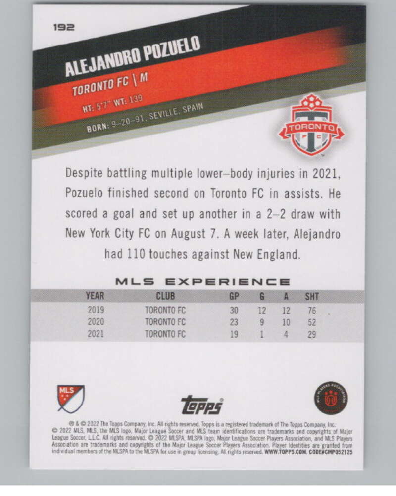 2022 Topps MLS Soccer #192 Alejandro Pozuelo  Toronto FC  V97945 Image 2