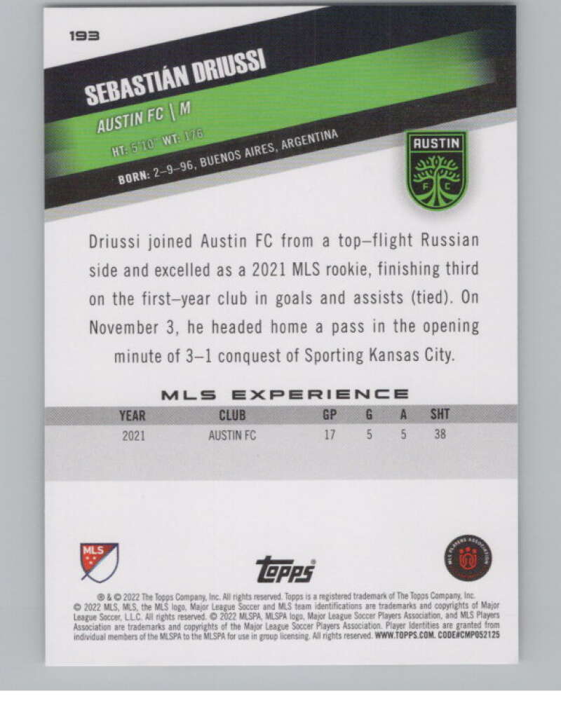 2022 Topps MLS Soccer #193 Sebastian Driussi  Austin FC  V97946 Image 2