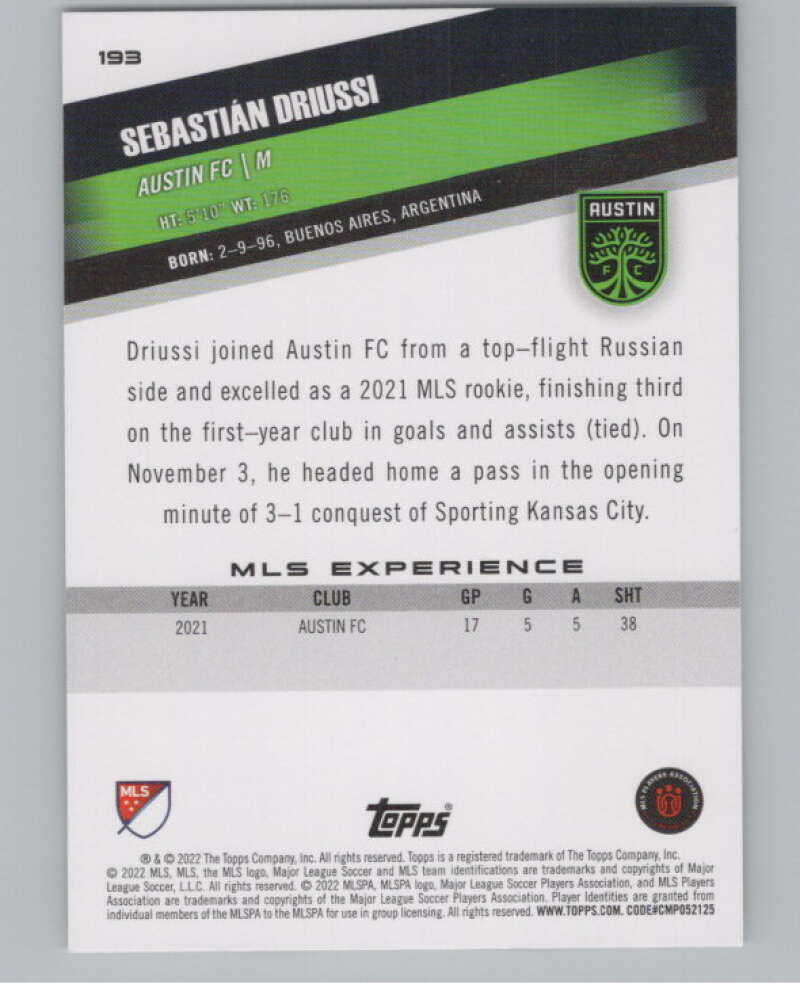2022 Topps MLS Soccer #193 Sebastian Driussi  Austin FC  V97947 Image 2