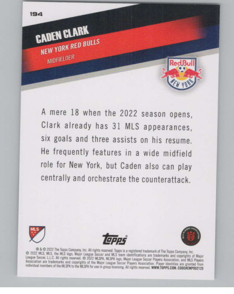 2022 Topps MLS Soccer #194 Caden Clark  New York Red Bulls  V97951 Image 2