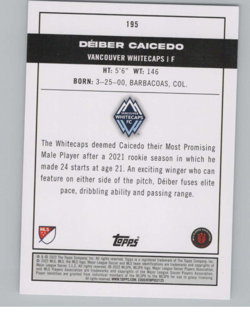 2022 Topps MLS Soccer #195 Deiber Caicedo  RC Rookie Vancouver  V97952 Image 2