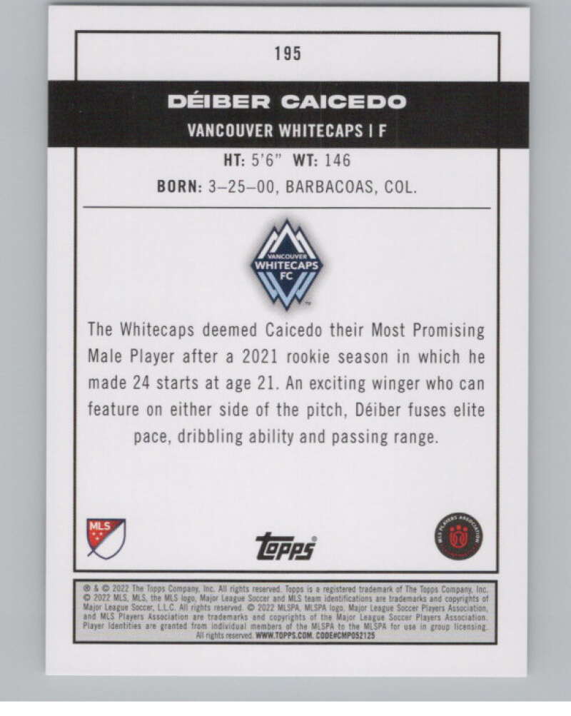2022 Topps MLS Soccer #195 Deiber Caicedo  RC Rookie Vancouver  V97953 Image 2
