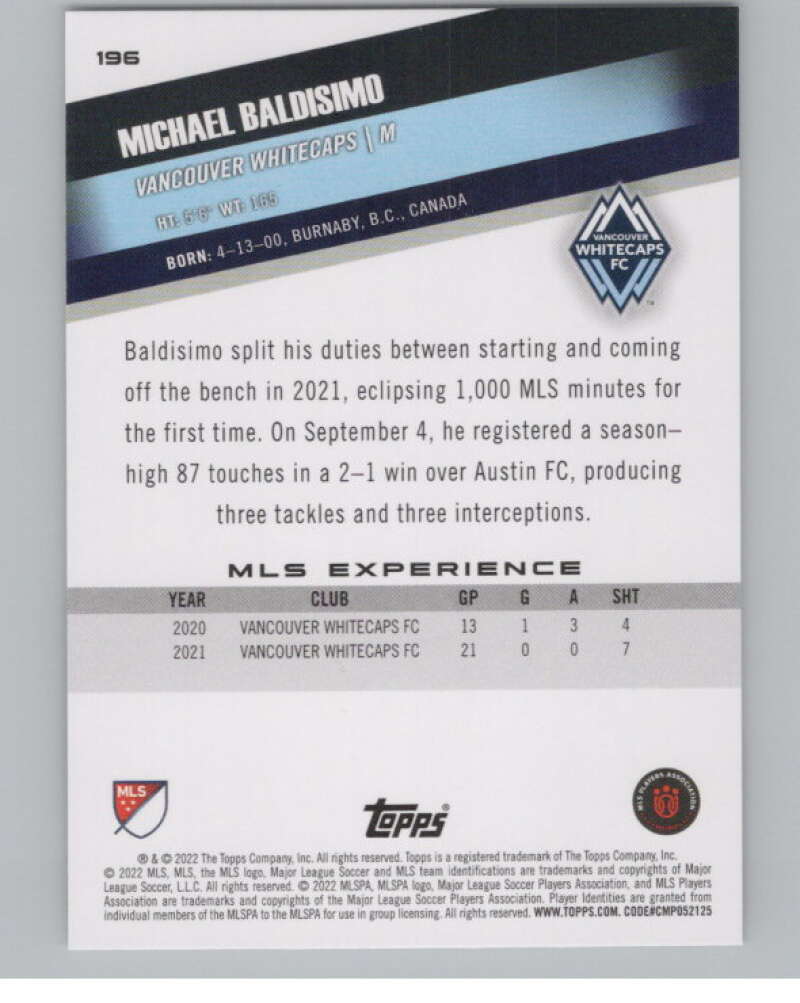 2022 Topps MLS Soccer #196 Michael Baldisimo  RC Rookie Vancouver  V97954 Image 2