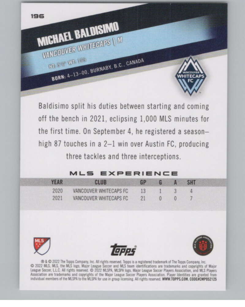 2022 Topps MLS Soccer #196 Michael Baldisimo  RC Rookie Vancouver  V97955 Image 2