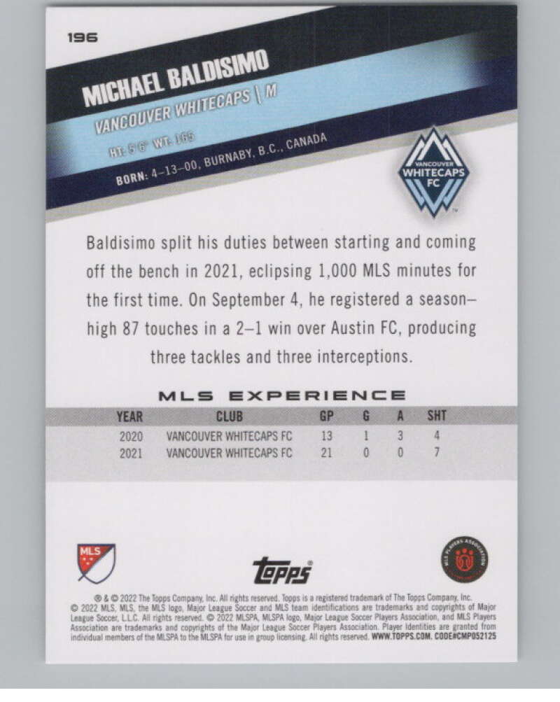 2022 Topps MLS Soccer #196 Michael Baldisimo  RC Rookie Vancouver  V97956 Image 2