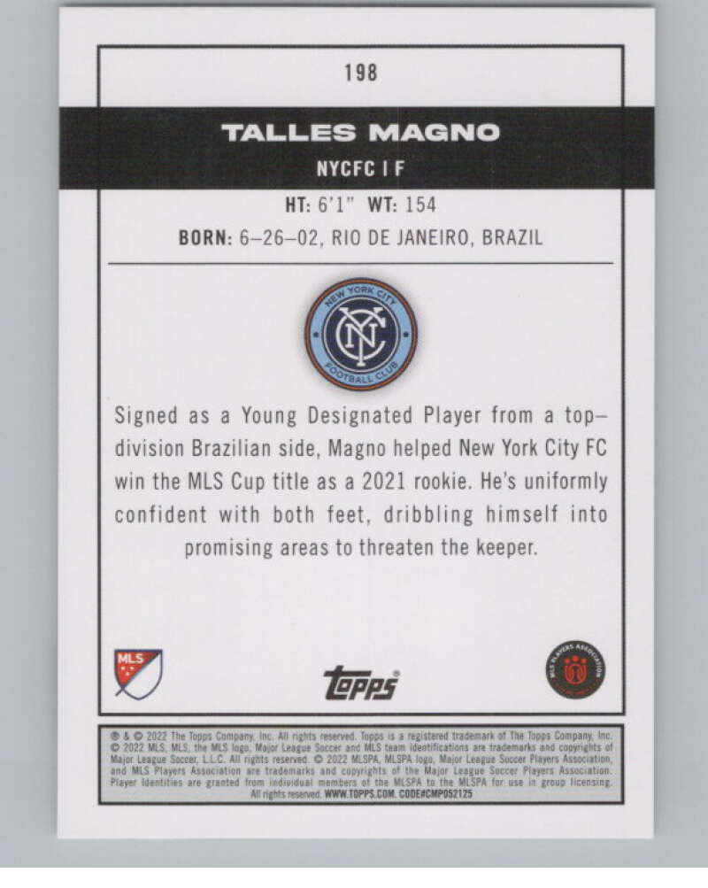 2022 Topps MLS Soccer #198 Talles Magno  RC Rookie New York City  V97959 Image 2