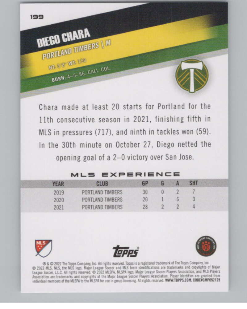 2022 Topps MLS Soccer #199 Diego Chara  Portland Timbers  V97960 Image 2