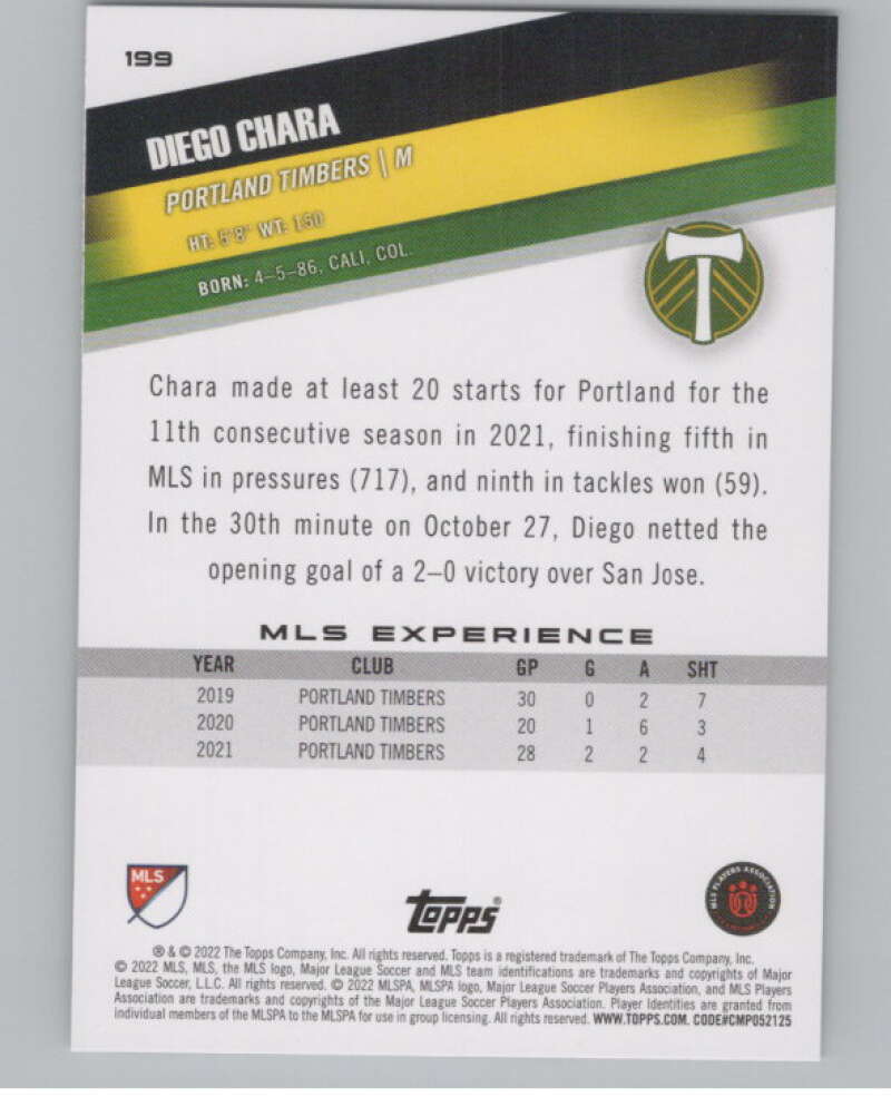 2022 Topps MLS Soccer #199 Diego Chara  Portland Timbers  V97961 Image 2