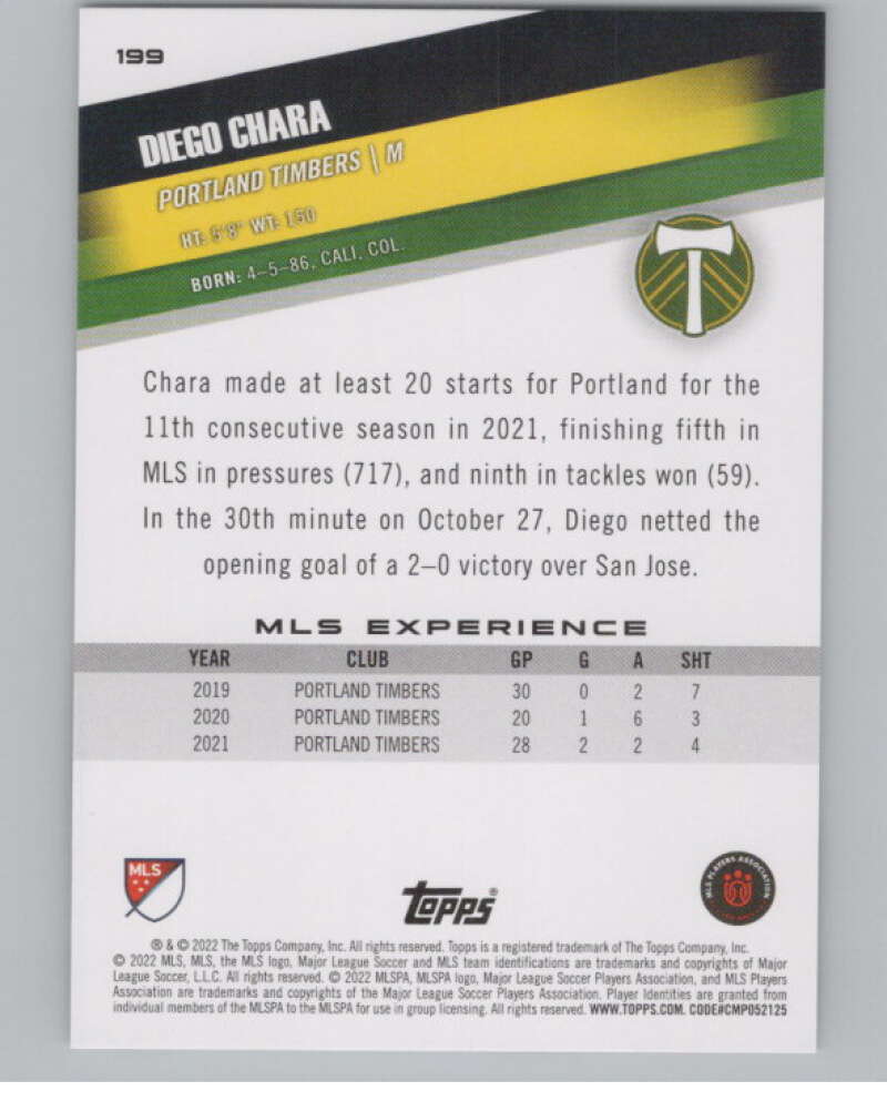 2022 Topps MLS Soccer #199 Diego Chara  Portland Timbers  V97962 Image 2