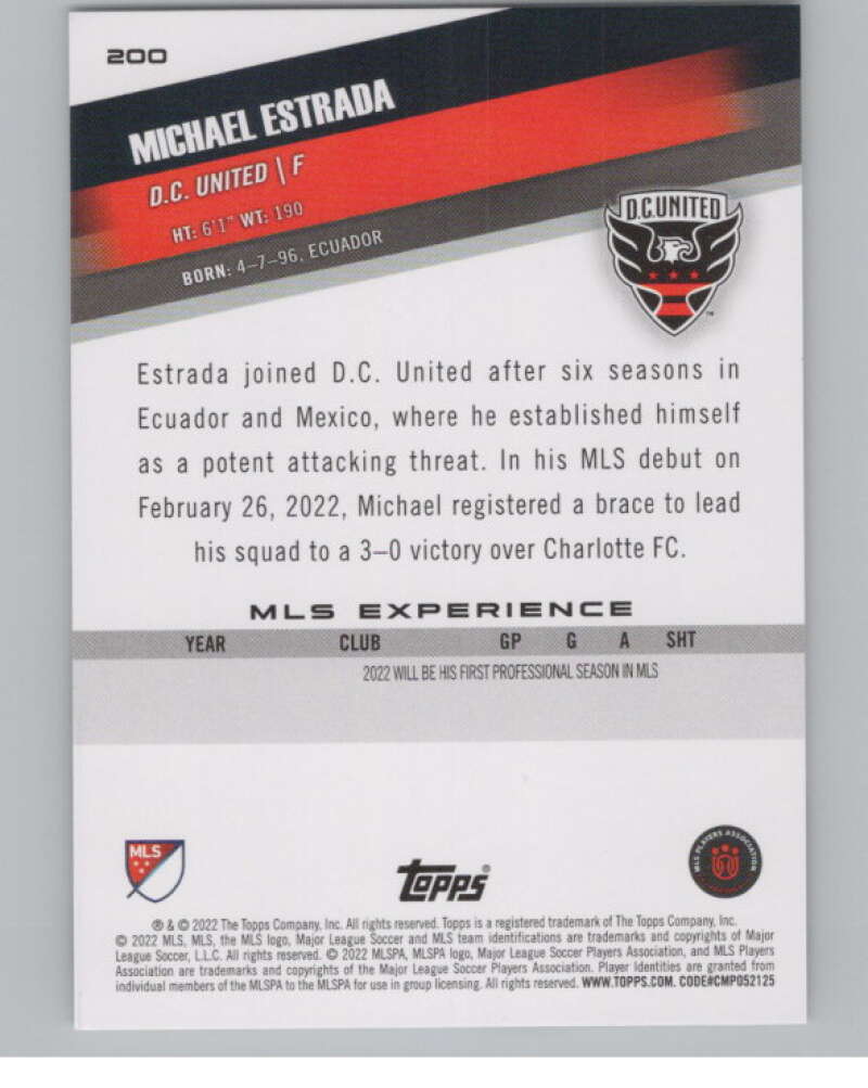 2022 Topps MLS Soccer #200 Michael Estrada  D.C. United  V97963 Image 2
