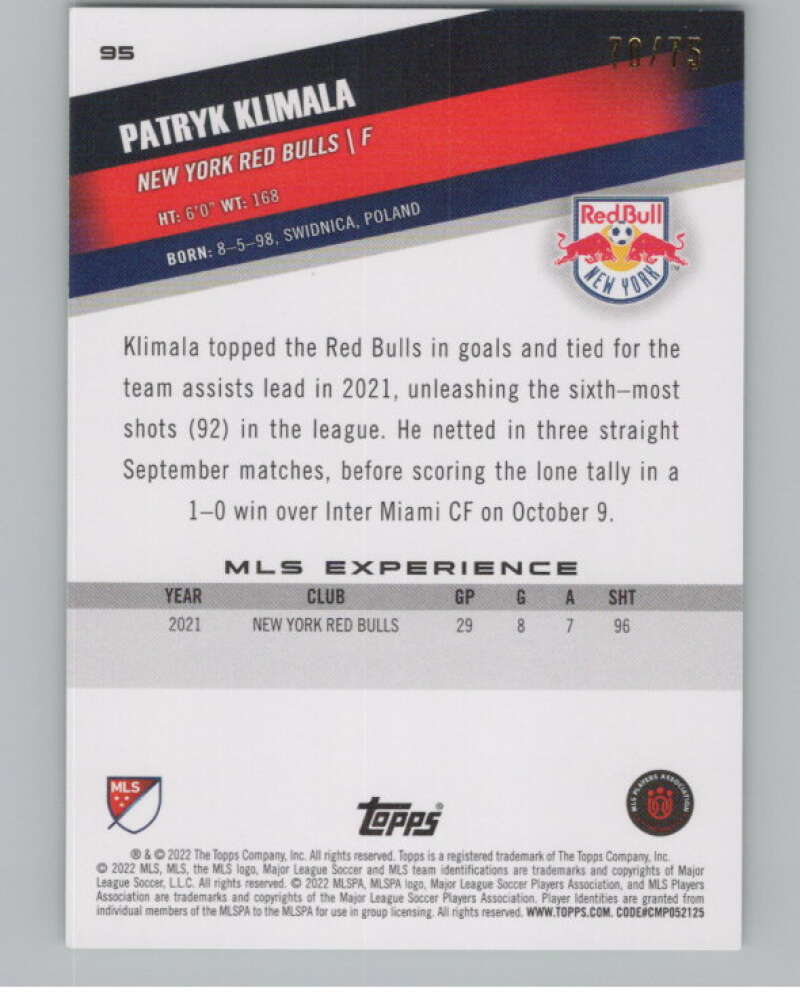 2022 Topps MLS Green #95 Patryk Klimala 70/75 New York  V97975 Image 2