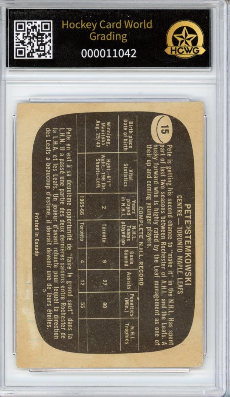 1966-67 Topps #15 Pete Stemkowski Hockey Card Vintage Graded HCWG 2 Image 2