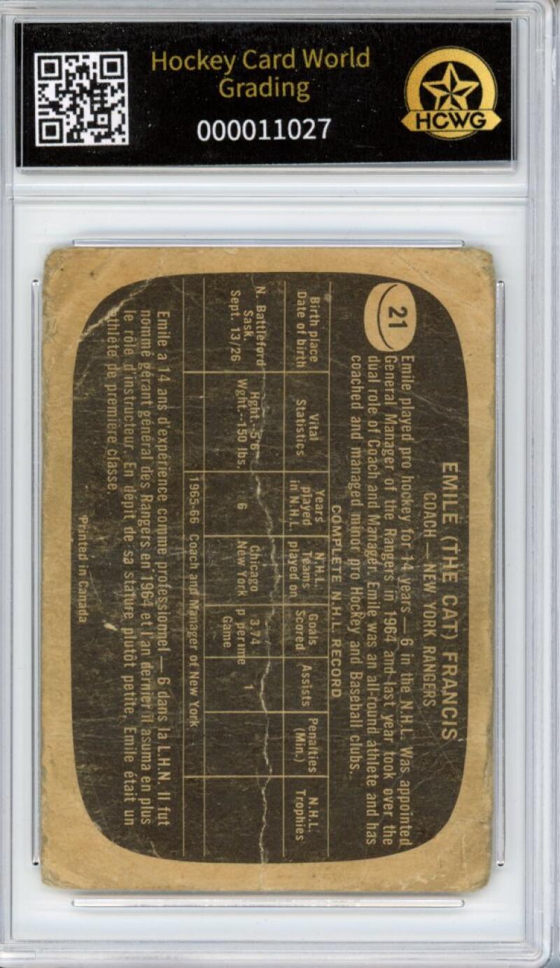 1966-67 Topps #21 Emile Francis Hockey Card Vintage Graded HCWG 1 Image 2