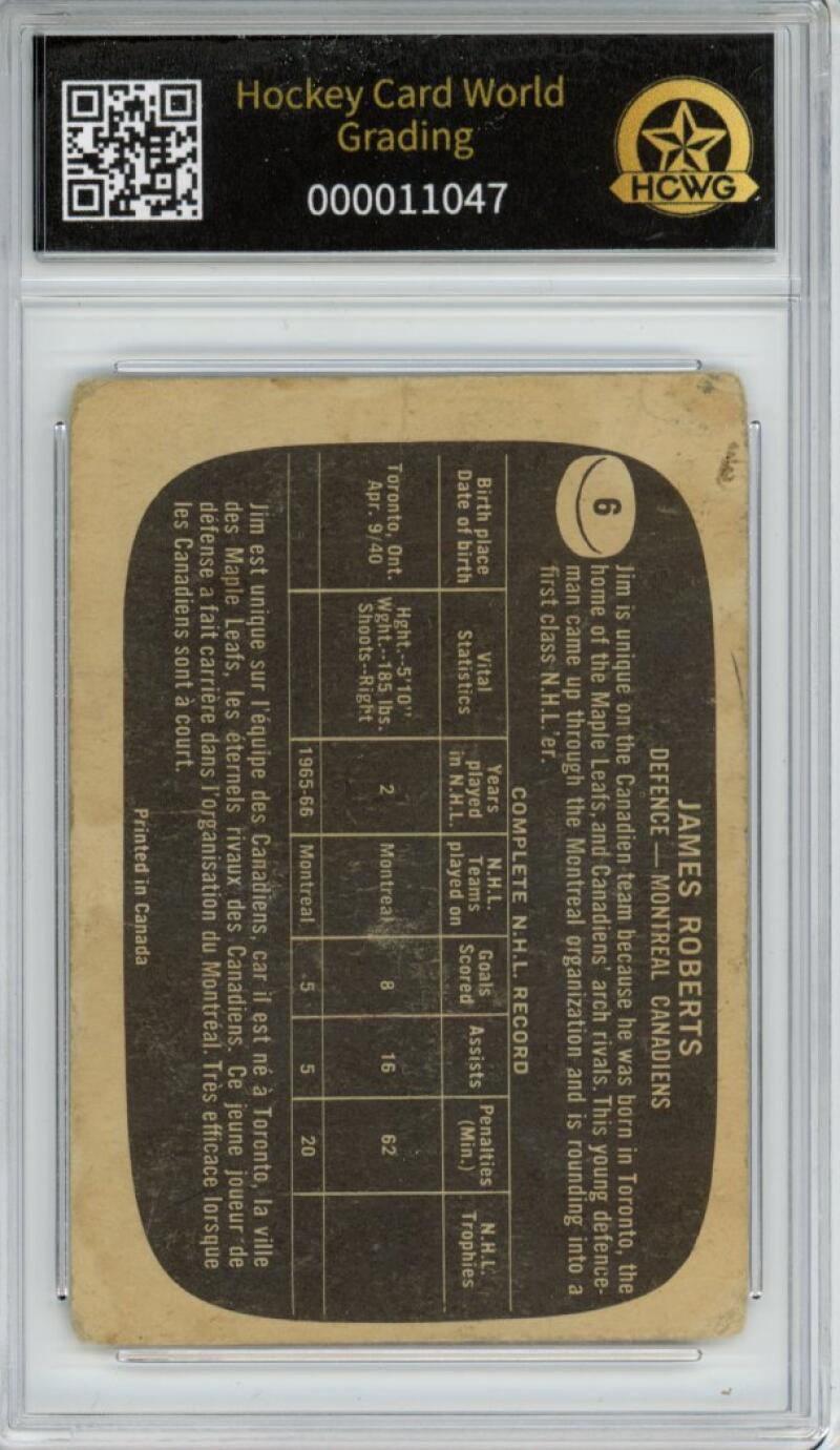 1966-67 Topps #6 James Roberts Hockey Card Vintage Graded HCWG 1 Image 2