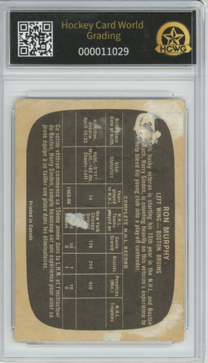 1966-67 Topps #96 Ron Murphy Hockey Card Vintage Graded HCWG 1 Image 2