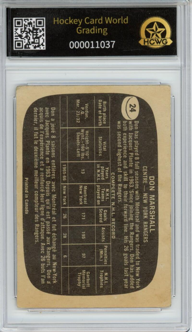 1966-67 Topps #24 Don Marshall Hockey Card Vintage Graded HCWG 2 Image 2