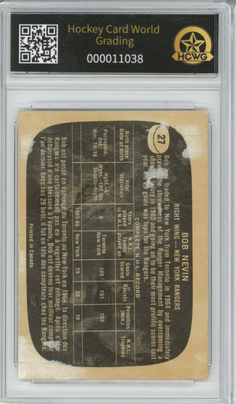 1966-67 Topps #27 Bob Nevin Hockey Card Vintage Graded HCWG 1 Image 2