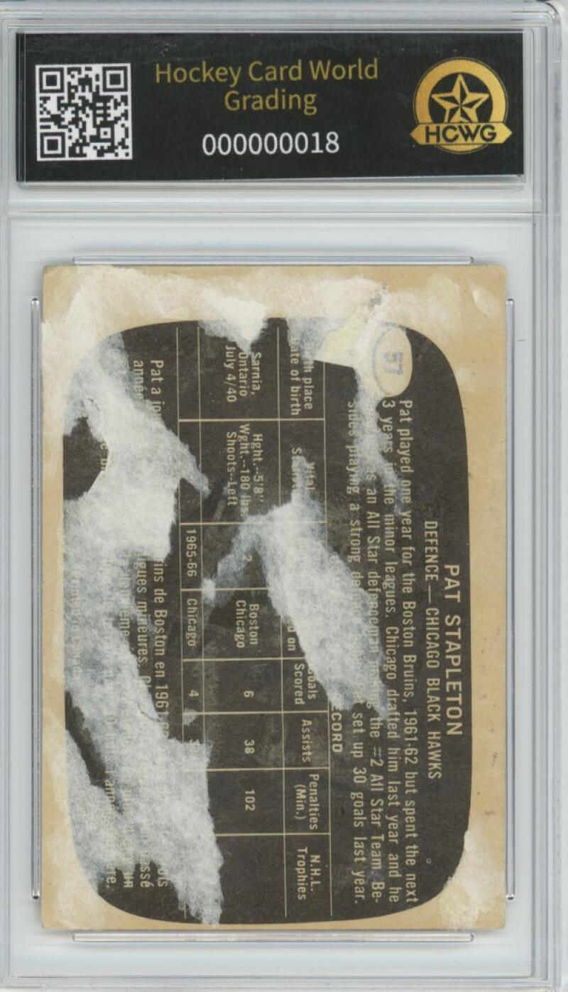 1966-67 Topps #57 Pat Stapleton Hockey Card Vintage Graded HCWG 1 Image 2