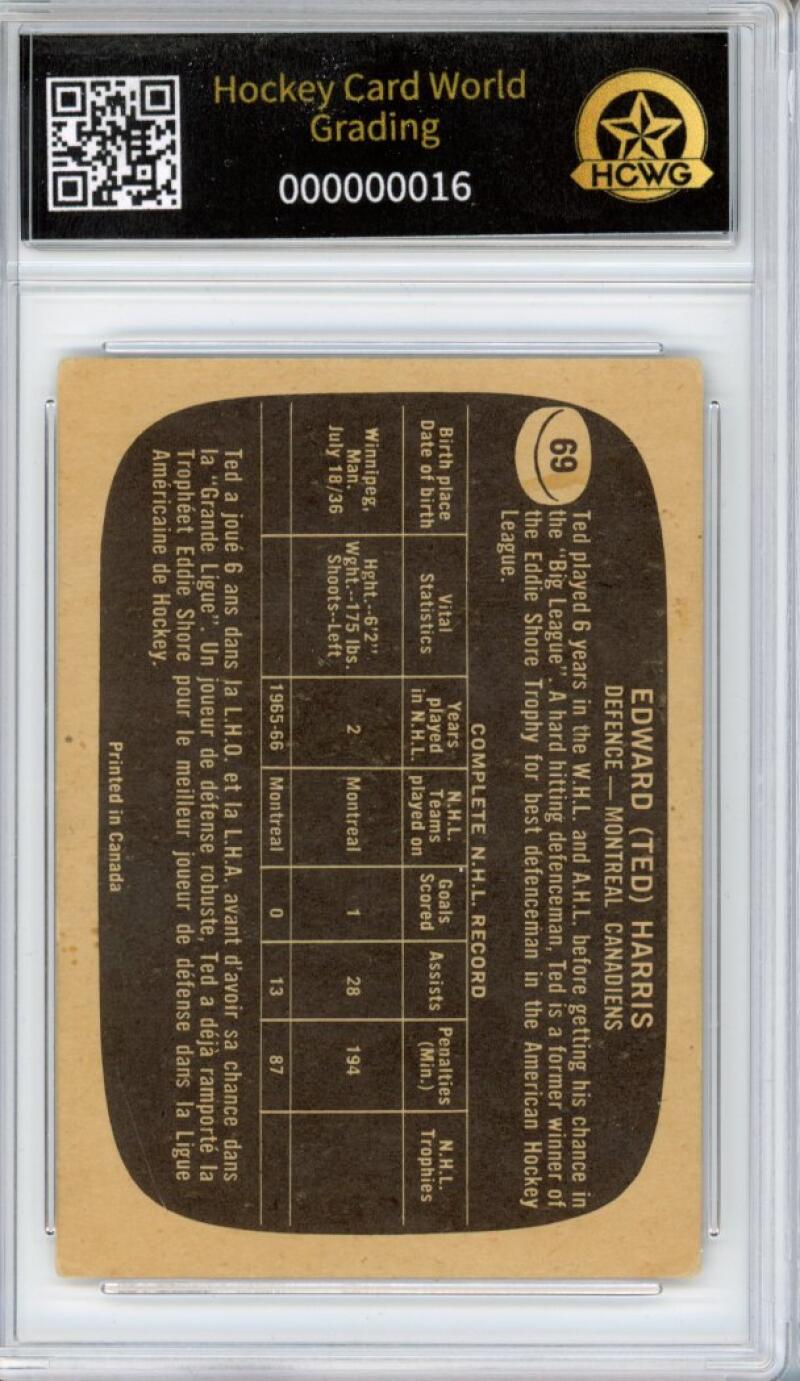 1966-67 Topps #69 Ted Harris Hockey Card Vintage Graded HCWG 3 Image 2