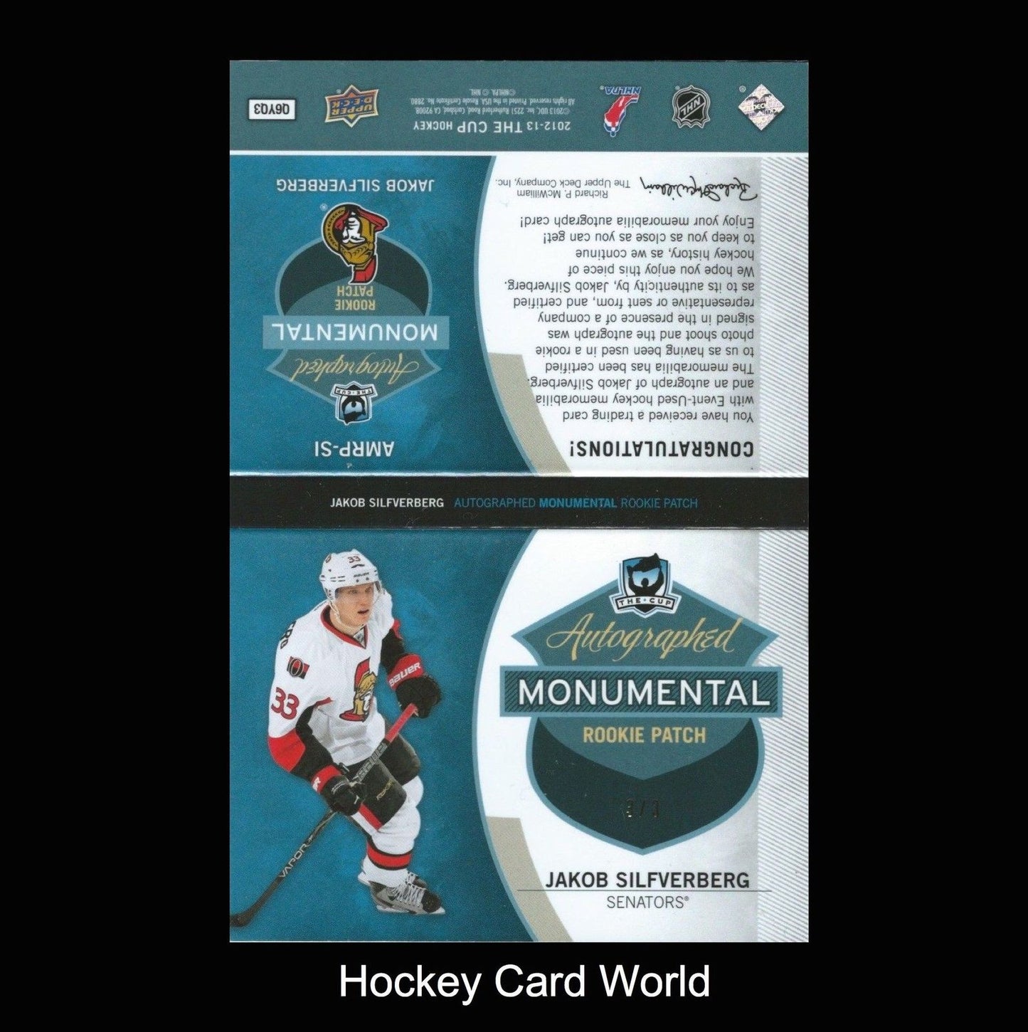 2012-13 The Cup Monumental JAKOB SILFVERBERG 3/3 Rookie Patch Auto Booklet