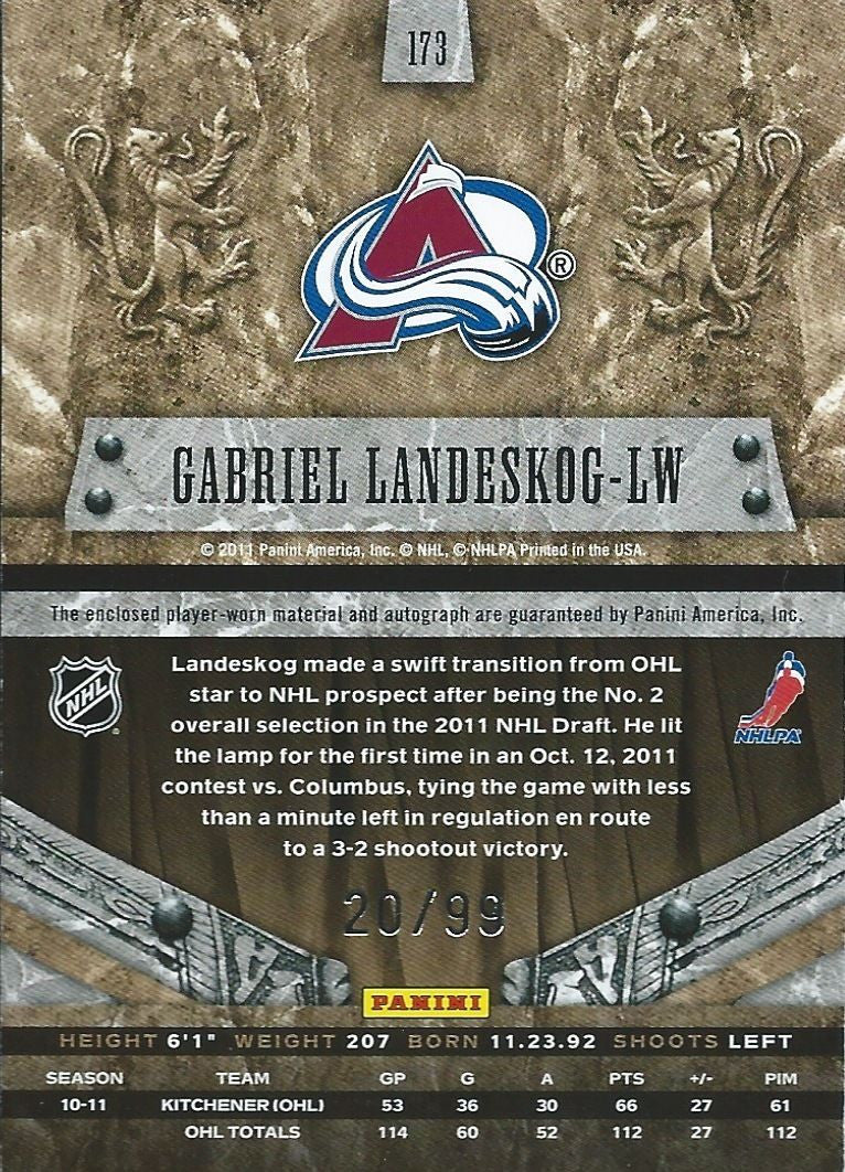 2011-12 Crown Royale Silhouettes GABRIEL LANDESKOG Jersey Auto Rookie 4 Cl