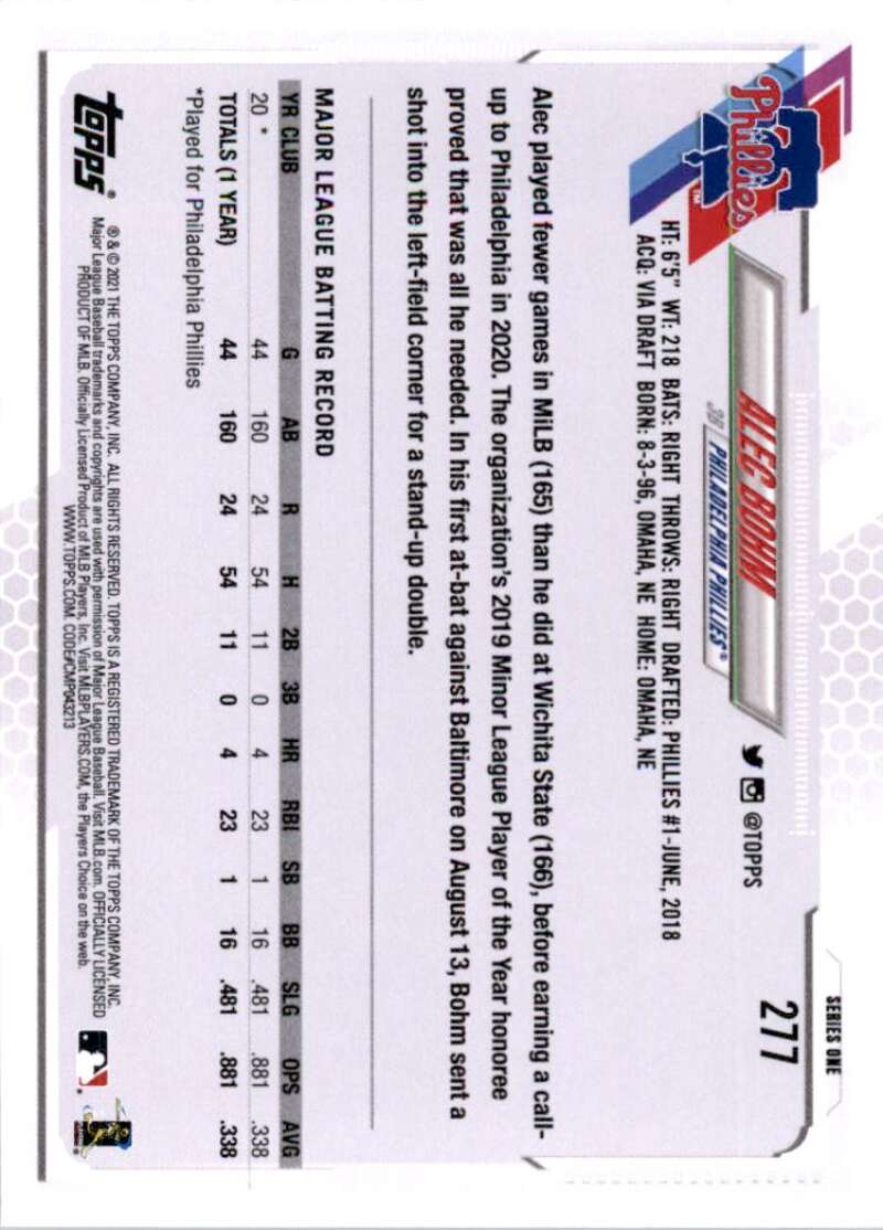 2021 Topps Baseball  #277 Alec Bohm  RC Rookie Philadelphia Phillies  Image 2