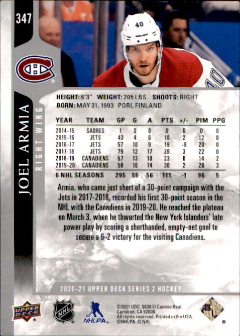 2020-21 Upper Deck Hockey #347 Joel Armia  Montreal Canadiens  Image 2