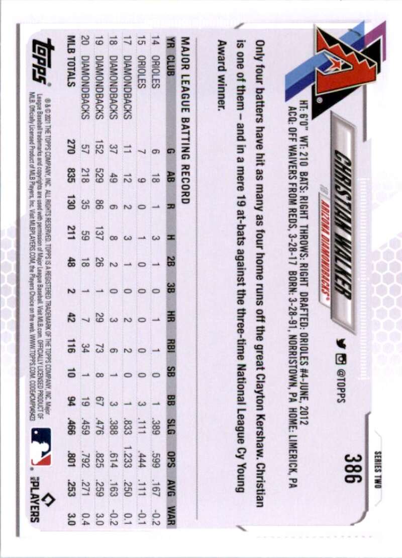 2021 Topps Baseball  #386 Christian Walker  Arizona Diamondbacks  Image 2