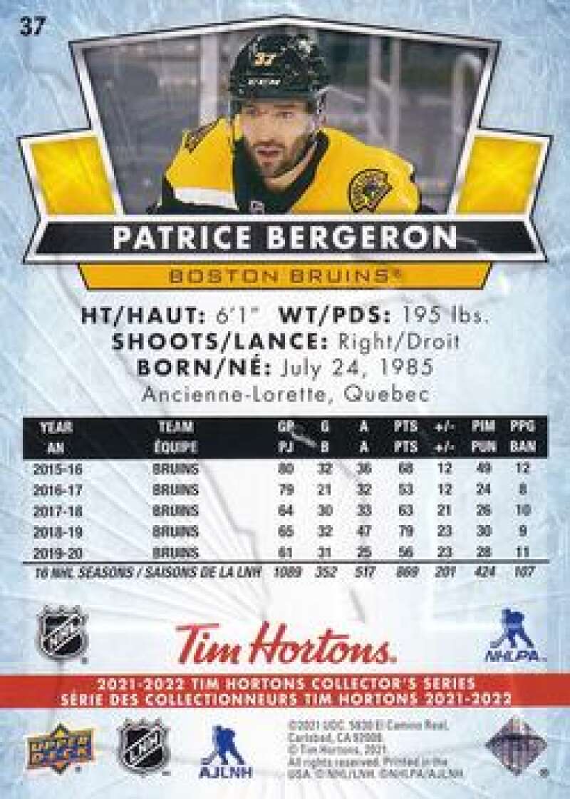 2021-22 Upper Deck Tim Hortons #37 Patrice Bergeron Hockey Boston Bruins  Image 2