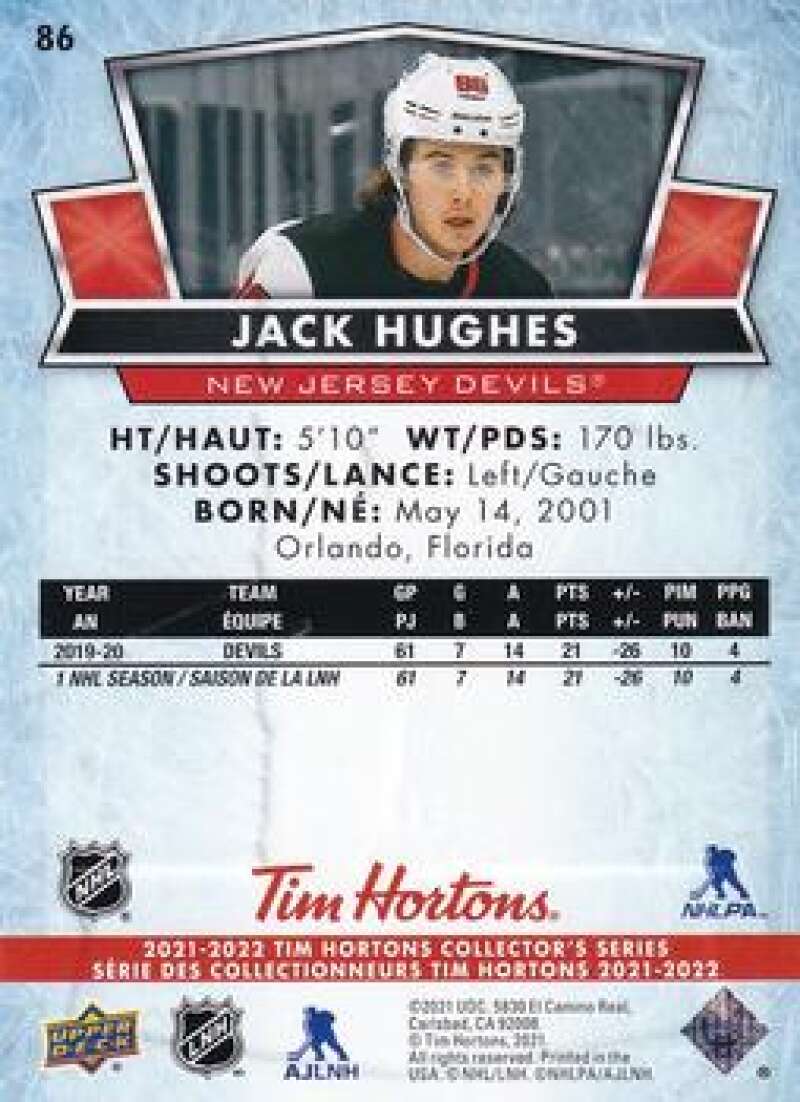 2021-22 Upper Deck Tim Hortons #86 Jack Hughes Hockey New Jersey Devils  Image 2